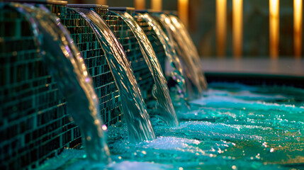 Wall Mural - stream of waterfall and its gentle splashes in swimming-pool at spa resort