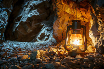 Poster - An old-fashioned lantern emitting warm light is placed on the ground inside a dimly lit cave with rocky walls and a pebble-strewn floor.