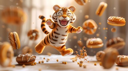 Joyful Cartoon Tiger Leaping Amid Baked Treats in Vibrant 3D