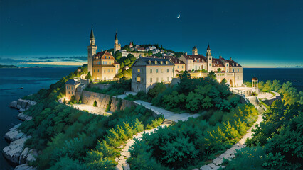 Wallpaper of a castle with shimmering lights on top of a hill overlooking the sea at dusk