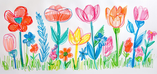 childs pencil drawing of flowers, scribble marks and pencil marks visible on white paper	