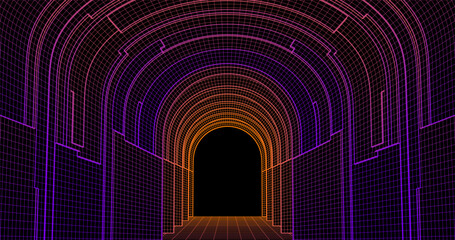 Wall Mural - Wire low poly frame of a futuristic corridor or tunnel, consisting of lines and polygons in neon color on a black background. vector illustration.