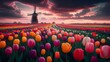 © MahafuzBin - Dreamscape of vibrant tulips in an array of colors, cheerful blooms carpeting the landscape that dazzle the senses and stir the soul, on the horizon, a Dutch windmill shows old-world charm.