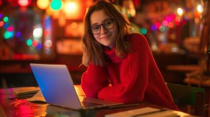 Sticker - Woman Working Remotely at Evening Cafe