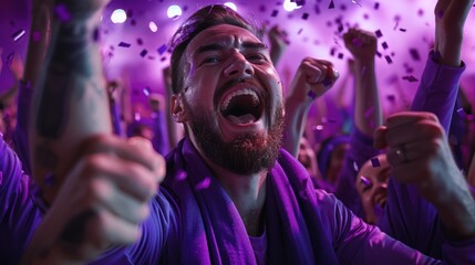 Purple sports fans scream as they support their team from the field.