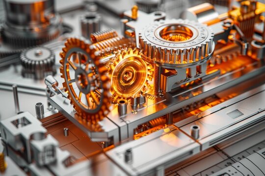 Intricate gears and machinery with a modern, sleek metallic look, highlighted by vibrant orange lighting.