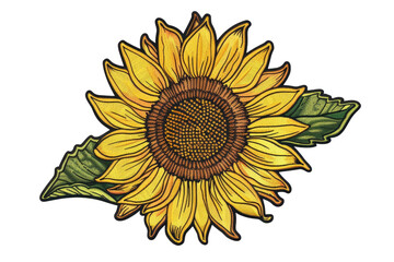 Wall Mural - Bright and detailed illustration of a sunflower with vibrant yellow petals and lush green leaves, perfect for nature and floral design concepts.