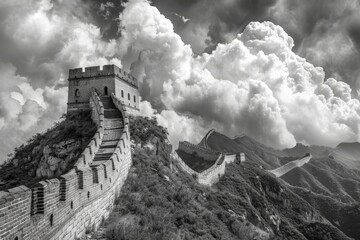 Wall Mural - Humanity Heritage Day, Chinese Great Wall Black white picture Ancient architecture, wonders of the world, national landmark, culture, architecture