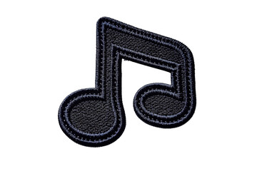 Close-up of a black musical note embroidery patch isolated on a transparent background. perfect for music-themed apparel or accessories.