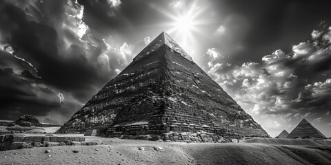 Wall Mural - Humanity Heritage Day, Egyptian pyramids, Giza Black white picture Ancient architecture, wonders of the world, national landmark, culture, architecture