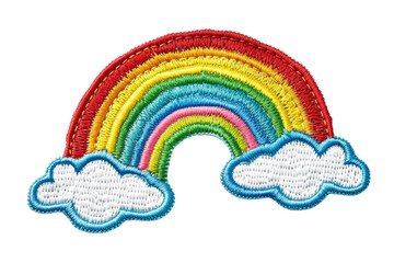 colorful embroidered patch of a rainbow arching over two white clouds, against a transparent backgro