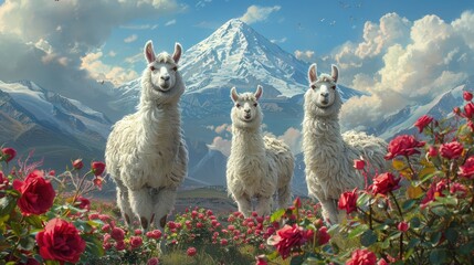 Three white llamas in a field with a volcano