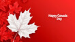 © Dirk - vector illustration, red background, white maple leaf with text ' Happy Canada Day' in red text on the leaf. Beautiful design for Canada day, banner, background, mockup.