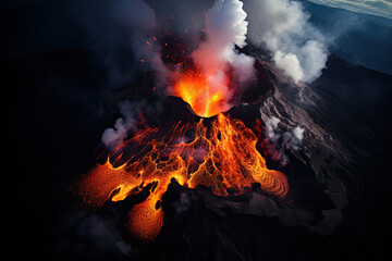 Wall Mural - volcano eruption from a bird view. volcano crater and magma flow shot from above. genertated ai.