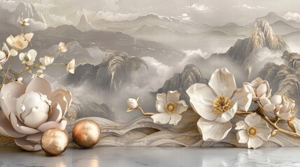 Wall Mural - Floral wallpaper with clouds and mountains in the background and relief of peonies and magnolia flowers in beige tones in the foreground.