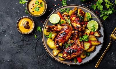 Wall Mural - A plate of roasted chicken wings with potatoes and vegetables