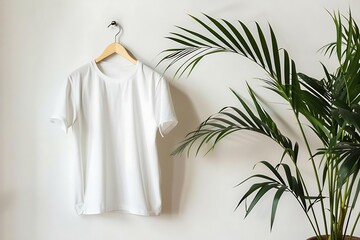 Wall Mural - a blank white t-shirt hanging on a wooden hanger against a clean, neutral background with a potted green plant