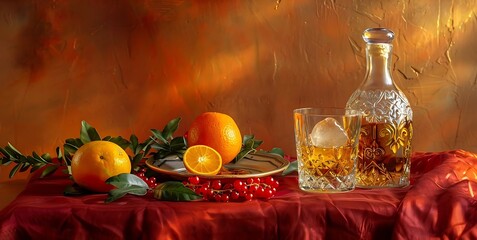 Wall Mural - a bottle of amber-colored liquor beside a glass half-filled with the same liquor and a sphere of ice. luxury and relaxation
