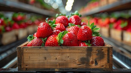 Freshly harvested strawberries in a wooden crate, ready for sale at a farmer's market. Vibrant red color symbolizing freshness and health.