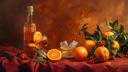 Wall Mural - a bottle of amber-colored liquor beside a glass half-filled with the same liquor and a sphere of ice. luxury and relaxation