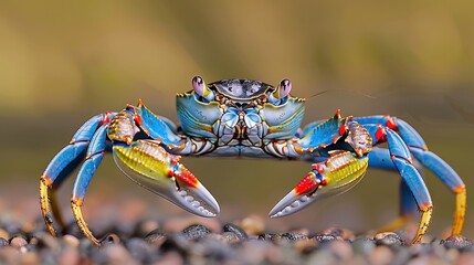 Closeup of blue crab on the sand in the ocean