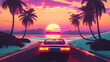 © john - summer vibes 80s style illustration with car driving into sunset 
