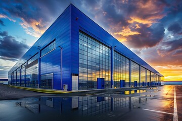 a blue building stands tall against a clear blue sky, with a white line marking the edge of the road