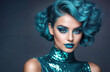 © Катерина Решетникова - young girl with short curly hair with an unusual style - her hair is colored in a rich azure shade, her lips are covered with bright blue lipstick, and her outfit is completely in the nautical scale