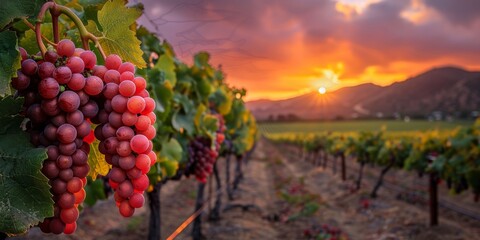 Summer vineyard landscape against sunset background, ripe red blue white grapes and making the best wine