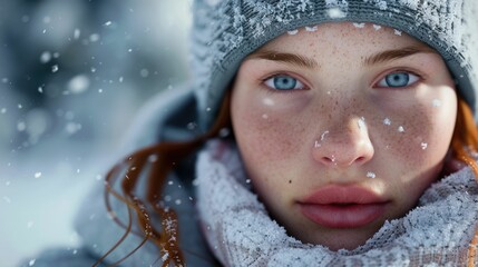 Wall Mural - The close up picture of the person looking at the camera with the white snow background in the middle of the snowy ice field, the skill require for ice field are fitness, ice safety knowledge. AIG43.