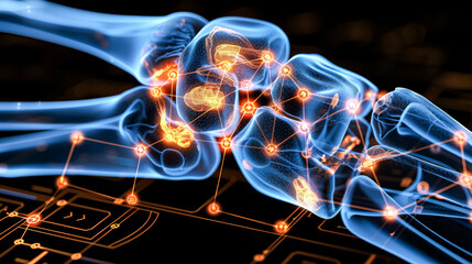 Canvas Print - A skeleton with a blue and orange hand marked with numerous dots, highlighting points of inflammation in the joints.