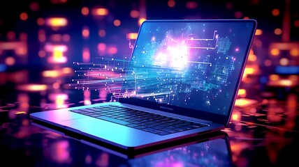 Wall Mural - futuristic illustration about computer technology with a laptop in neon colors. for cover background