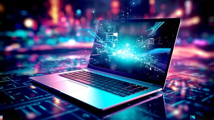 Wall Mural - futuristic illustration about computer technology with a laptop in neon colors. for cover background