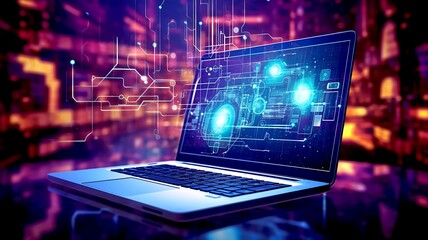 Wall Mural - futuristic illustration about computer technology with a laptop in neon colors. for cover background