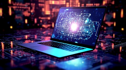 Wall Mural - futuristic illustration about computer technology with a laptop in neon colors. for cover background