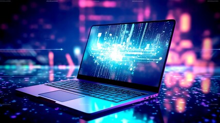 Wall Mural - futuristic illustration about computer technology with a laptop in neon colors. for cover background