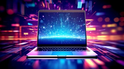 Wall Mural - futuristic illustration about computer technology with a laptop in neon colors. for cover background