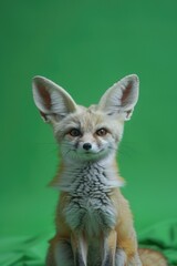 Wall Mural - Adorable baby fox sitting on a green blanket. Perfect for children's books or nature blogs