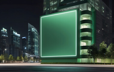 Big blank green billboard Mockup on the façade of modern high-rise building in the city at Night