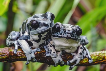 Wall Mural - A black and white frog sitting on a branch. Suitable for nature or wildlife themes