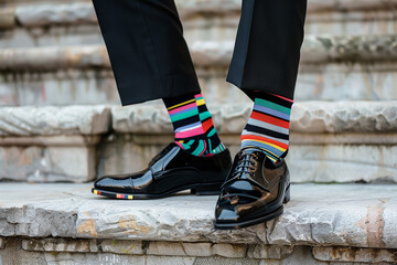 A person wearing black dress shoes and mismatched socks, one colorful with stripes and patterns, the other black and white, while standing on stone step