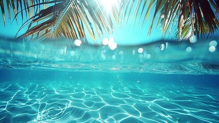 Wall Mural - Tropical seabed with blue ocean, sunny sky, palm tree - empty underwater background