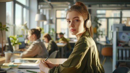 Canvas Print - Young Woman Working with Headphones