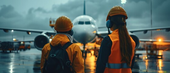 Wall Mural - Two engineers in hard hats looking at an airplane in a hangar.	