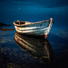 Wall Mural - A boat is floating in the water with a reflection of the boat in the water. The boat is white and he is old. The water is calm and the sky is blue