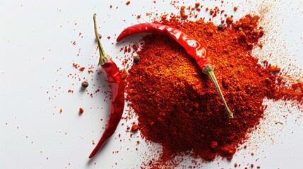 A pile of red chili powder next to a pepper. Suitable for culinary concepts