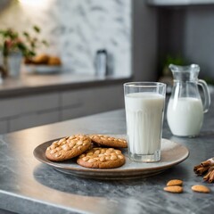 milk in a glass and cookies on a plate in a modern kitchen

