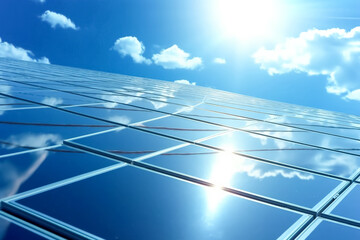 A blue sky with clouds and the sun shining through, representing solar panels harnessing green energy.