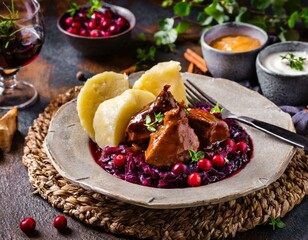 Hirschgulasch mit Birnen, Preiselbeeren, Kartoffelklößen, Rotkohl und Soße 