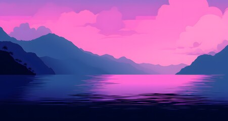 Poster - AI generated illustration of purple sunset over a mountain range and a lake